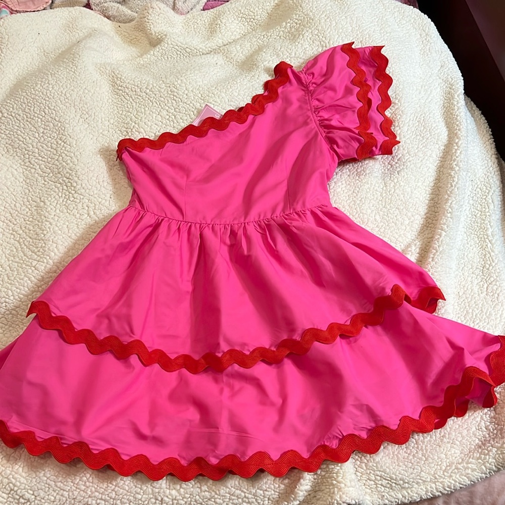 Hot pink off the shoulder dress with built in shorts. NWT